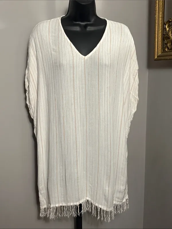 Billabong Small Walk Away Swim Cover Up Cream V Neck Fringe Tunic - Image 2