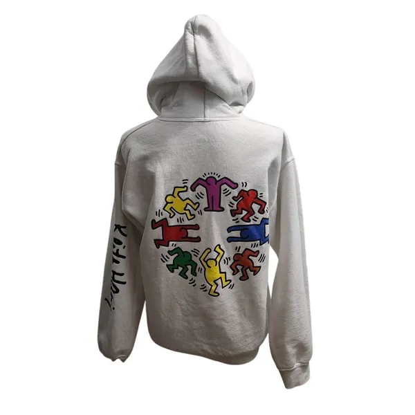 Keith Haring White Hoodie Dancing Figures Circle Graphic Art Streetwear‎ Pop Art - Image 2