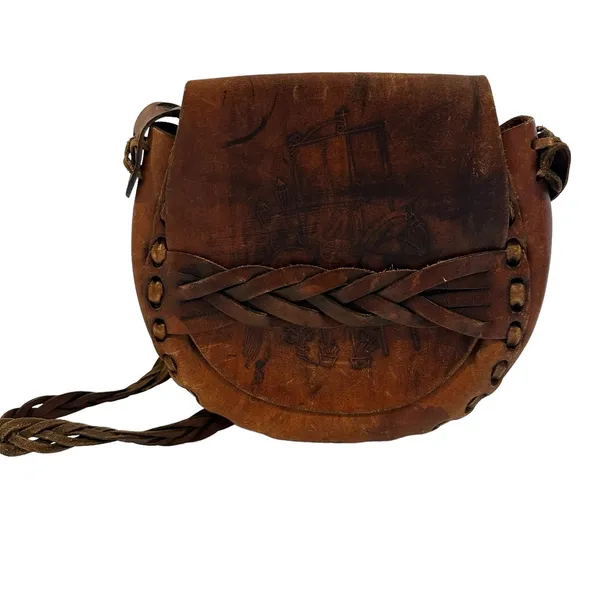 Vintage Boho Coastal Cowgirl Leather Hand Tooled Saddle Bag With Braided Strap - Image 6