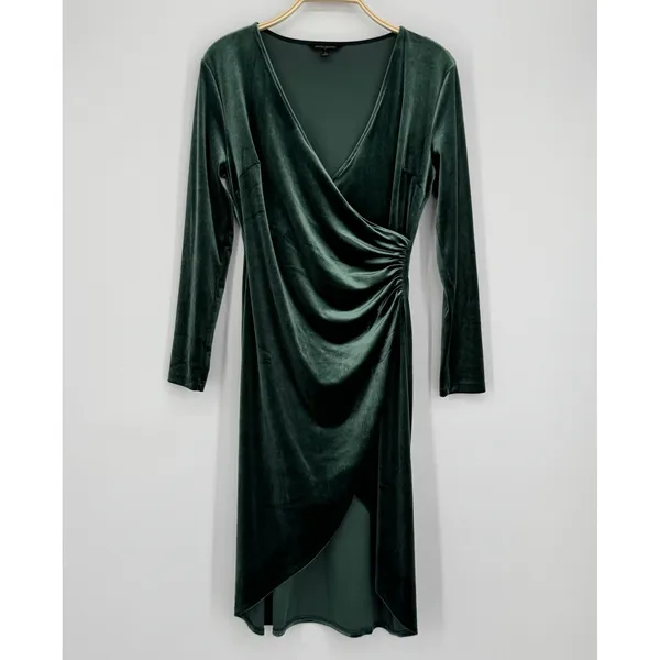 Banana Republic Velvet Knee-Length Faux Wrap Dress Small Green Party Cocktail - Image 4