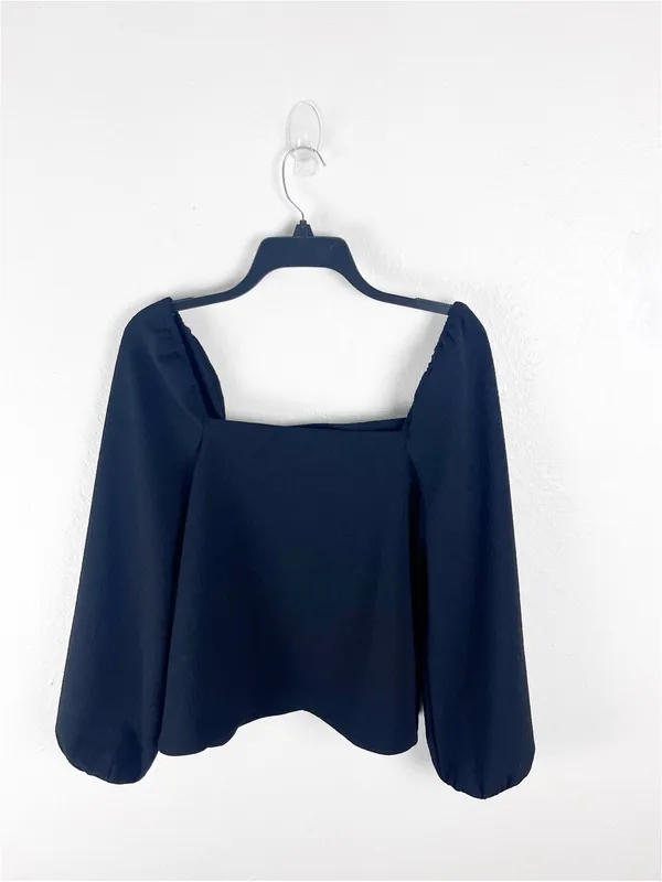 MADEWELL Black Crepe Square Neck Puff Sleeves Crop Top Medium Preppy Casual Boho - Image 2