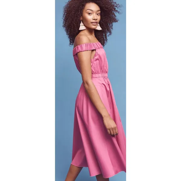 Anthropologie Maeve Mona Off The Shoulder Midi Fit & Flare Dress Fuchsia Size XS - Image 3