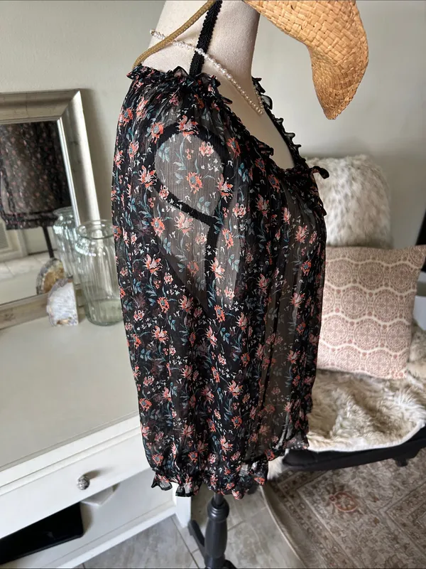 Natural life, black sheer floral BoHo cottage peasant, 3/4 sleeve blouse top XL - Image 9