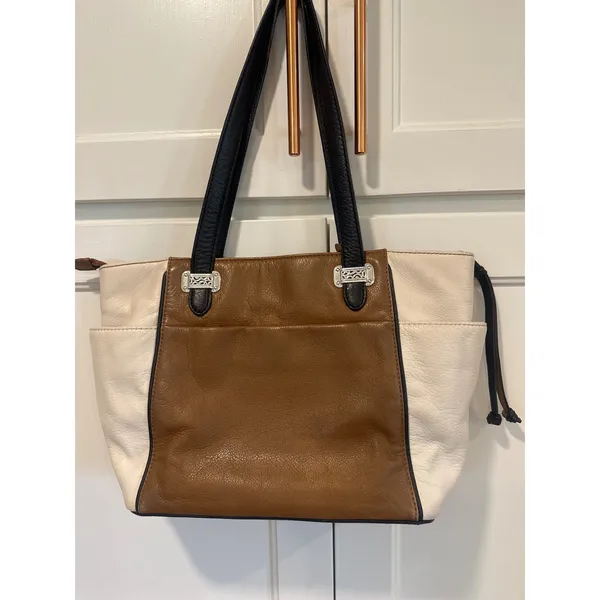 Brighton Tri-Color Leather Tote Bag Brown Cream Black Heart shoulder purse - Image 4