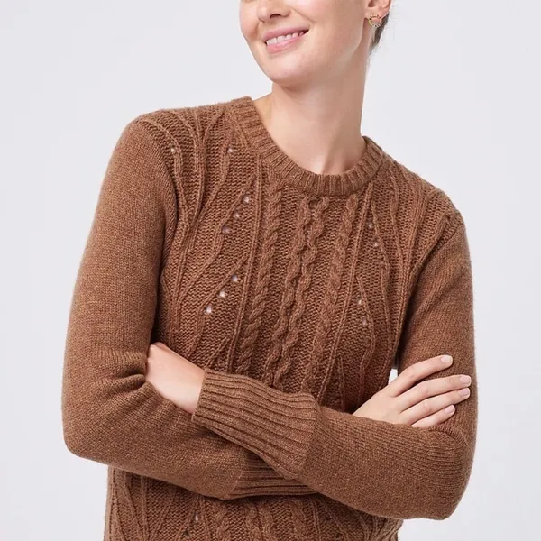 NWT J.Crew Pointelle cable-front  sweater Wool Blend Small Brown - Image 2
