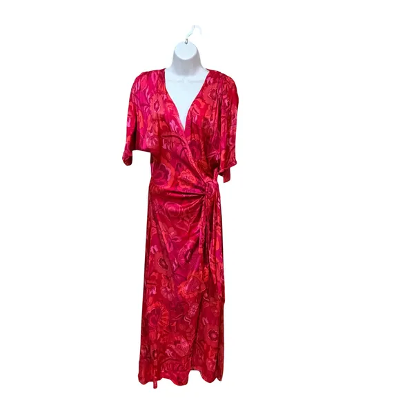 MISA Los Angeles Psychedelic Floral Wrap Maxi Dress Pink Red Orange V-Neck Boho - Image 4