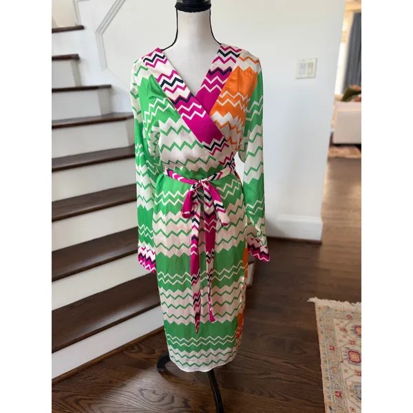 Never Fully Dressed Orange Green Chevron Long Sleeve Wrap Satin Midi Dress - Image 2