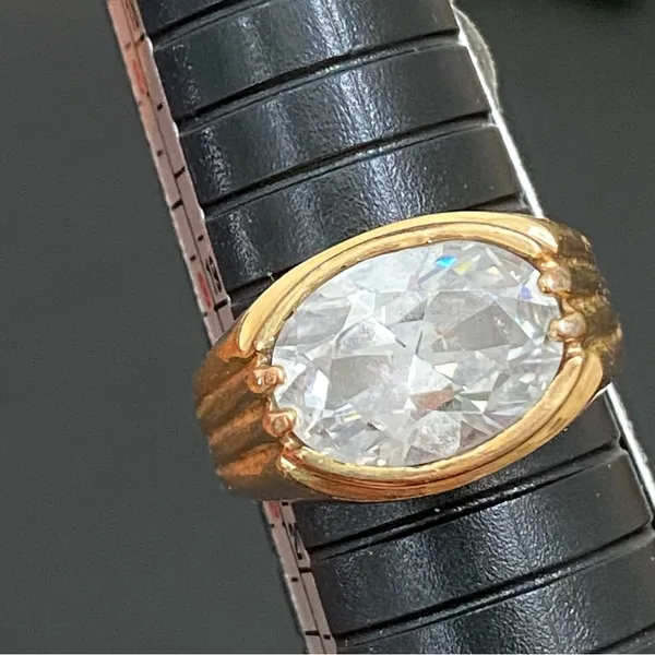 Vintage 18KGERSC Signed Gold-tone Oval CZ Stone Fashion Ring Size 10 - Image 6