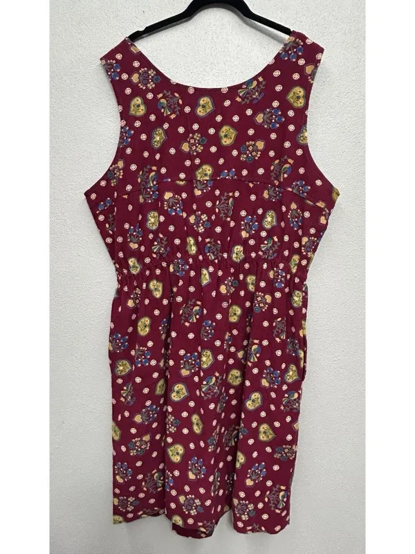 Vintage April Cornell Corduroy Midi Dress XL Burgundy Heart Print Cottagecore - Image 6