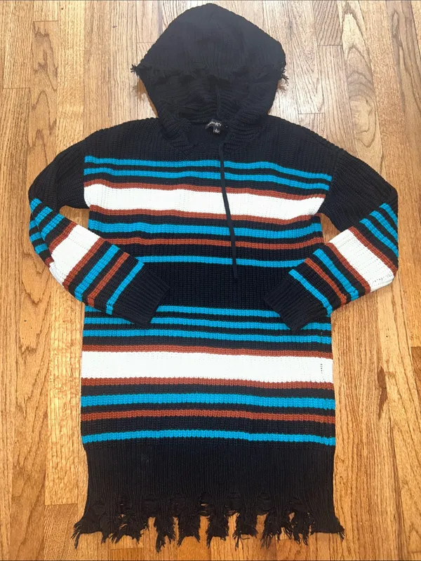 Women’s Almost Famous Bohemian Hooded Fringe Sweater Dress - Stripes Large NEW - Image 2