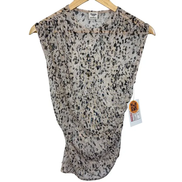 Abercrombie & Fitch White Black Sheer Animal Print Ruched Sleeveless Blouse Sz S - Image 2