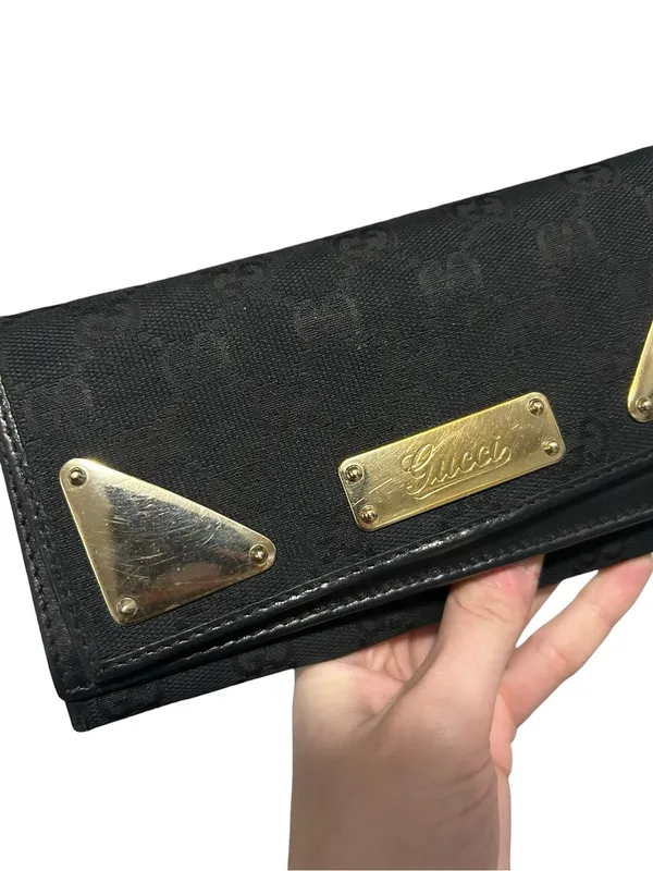 Authentic Gucci Guccissima GG Logo Black Fabric Gold Hardware Long Wallet - Image 4