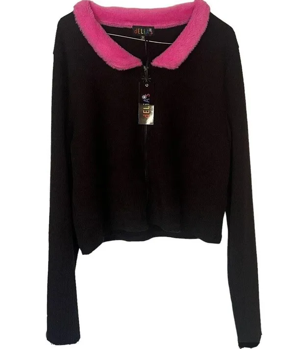 Delia’s By Dolls Kill Caught On Camera Zip Up Sweater Faux Fur Pink Collar Sz 3X - Image 5