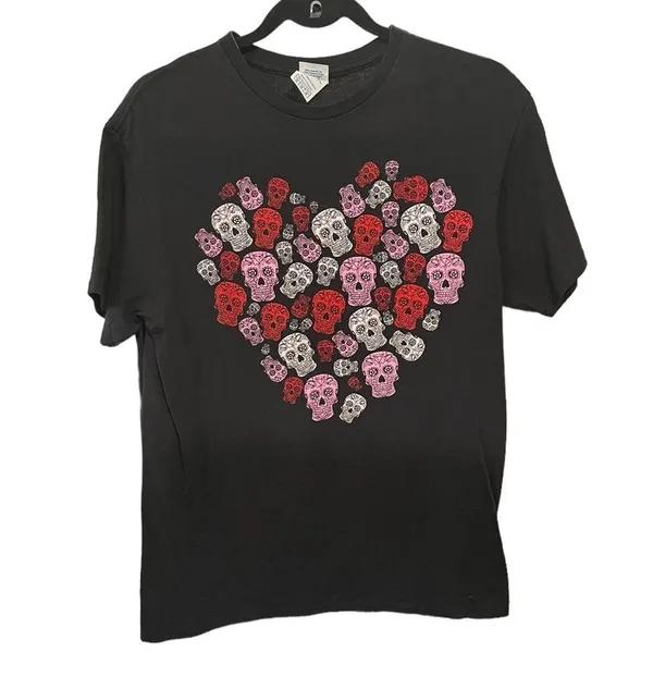 Sugar Skull Day Of The Dead Heart Shaped Graphics T-Shirt Sz M - Image 3