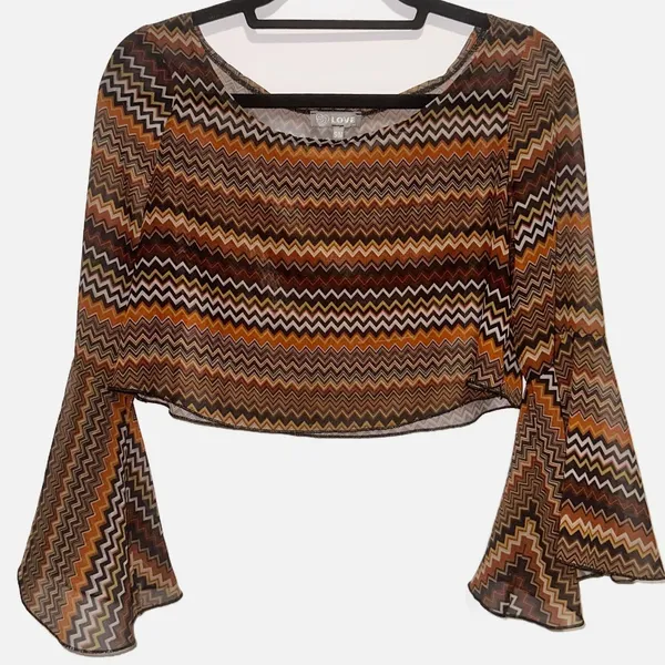 LOVE Retro Crop Top Long Sleeve Geometric Bell Sleeves Sheer Orange Gold Small - Image 3