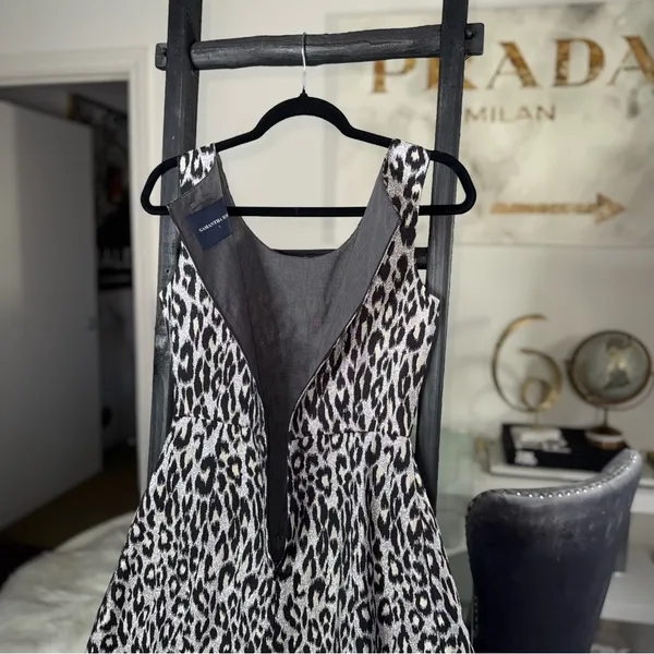 Samantha Sung Silk Leopard Fit And Flare Dress Womens 2 Silver Black Ivory Work - Image 14
