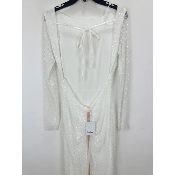 Lulus Mariani White Sequin Beaded Backless Long Sleeve Maxi Dress Medium NWT - Image 10