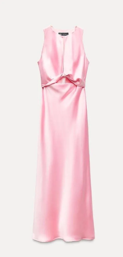 Zara maxi dress midi Light Pink tie knot satin effect wedding party evening - Image 9