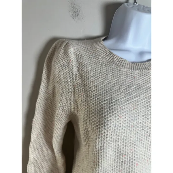 Club Monaco Womens XS‎ Cashmere Puff Shoulder Waffle Knit Speckled Sweater Cream - Image 3