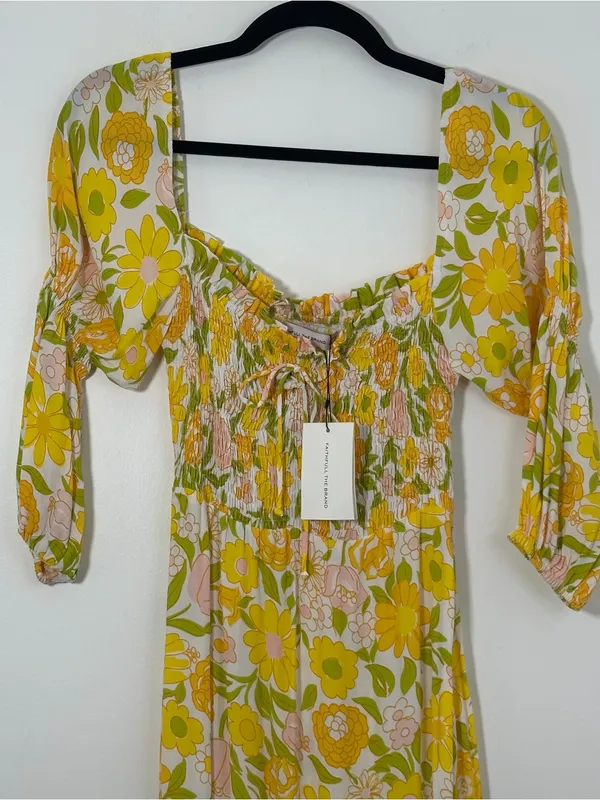 Faithfull The Brand Nora Midi Dress Jolene Floral Print XS Yellow Pink Green NWT - Image 3