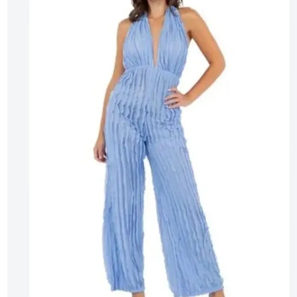 Women’s Blue V-Neck Backless Jumpsuit Romper RuffleWave WideLeg Pants Size M NEW - Image 11