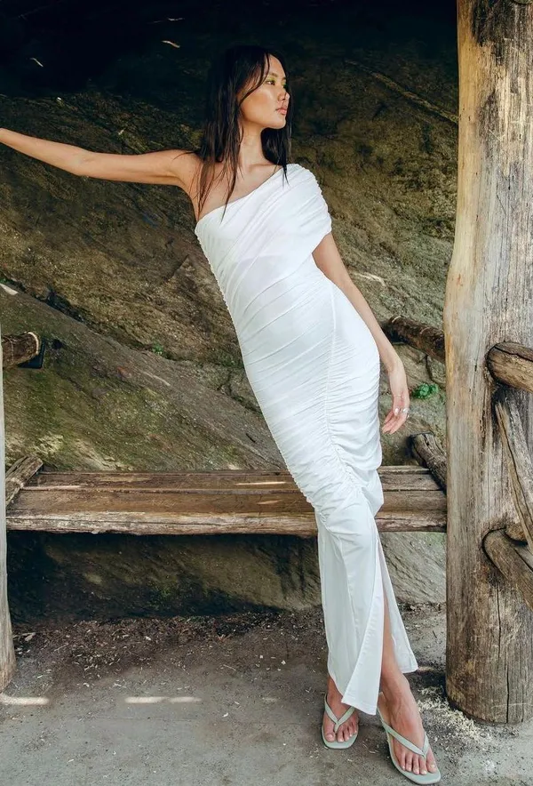ZARA Sad maxi dress ruched stretch white wedding Elegant White One-Shoulder evening - Image 4