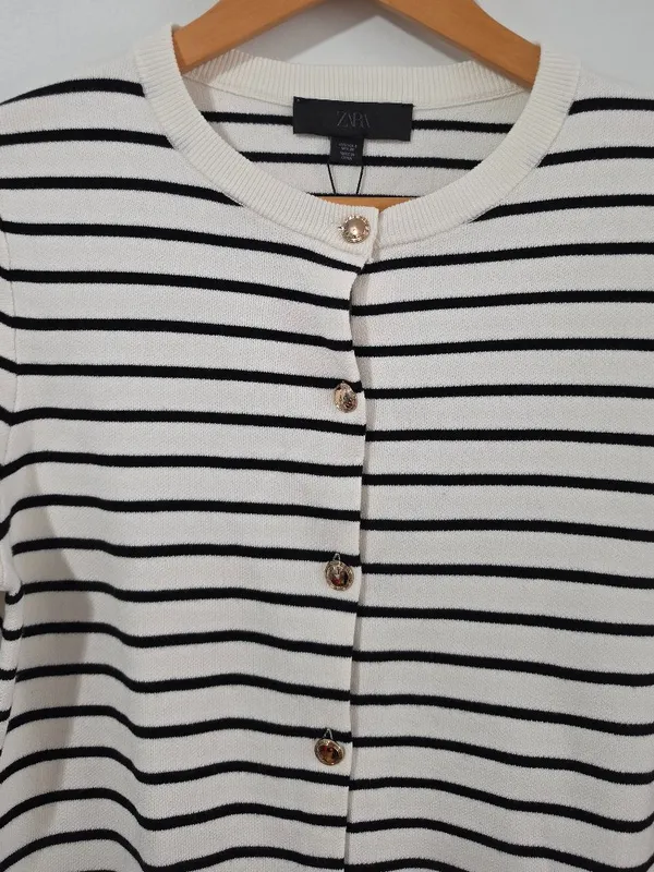 Zara Striped Knit Cardigan Long Sleeve - White/Black - Size S - 5755 - Image 3
