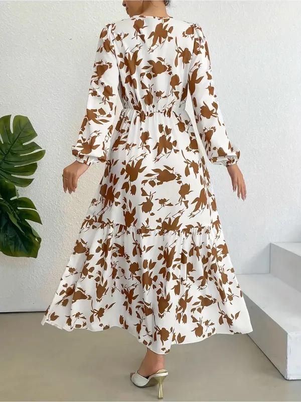 Women's White Maxi Dress with Brown Floral Print - Image 2