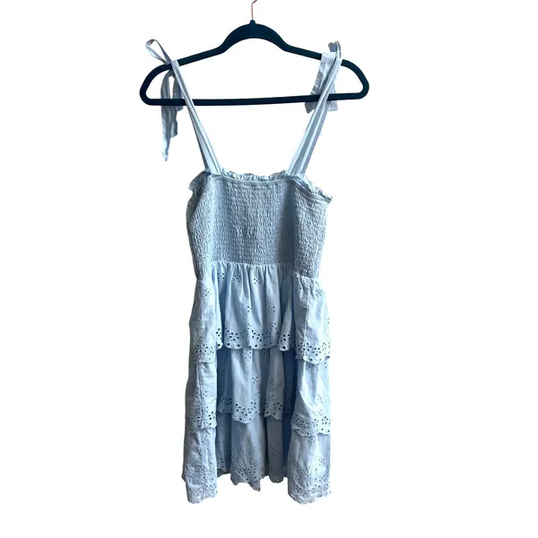 American Eagle Mini Dress Womens‎ Medium Blue Cottagecore Eyelet Smocked Tiered - Image 5