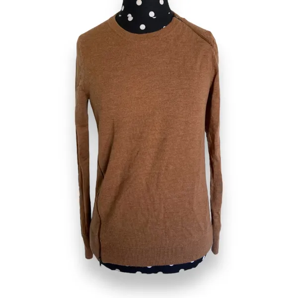 J. Crew Womens Sweater Sz S Merino Wool Asymmetrical Zip Moto‎ Brown Tan Zippers - Image 3