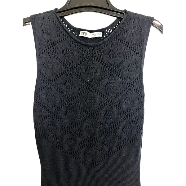 Zara Navy Blue Pointelle Knit Sleeveless Sweater Dress M Holiday Party Boho - Image 3