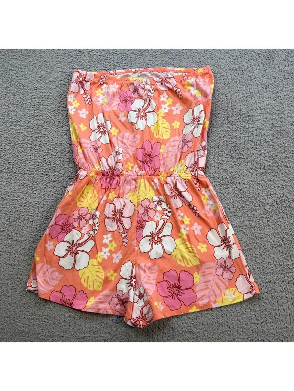 Forever 21 Floral Jumpsuit Romper S Pink Womens Strapless Sleeveless Pockets NWT - Image 2