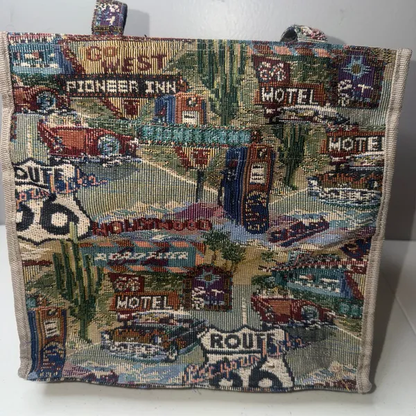 JADE Route 66 Tapestry Tote Bag- 12. x 12in.- Zipper Compartments Vintage - Image 3