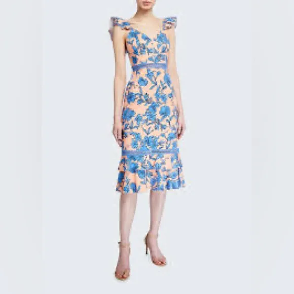 Alice + Olivia Jade Ruffled Floral Midi Dress Coral Blue Lace‎ Illusion Size 12 - Image 17