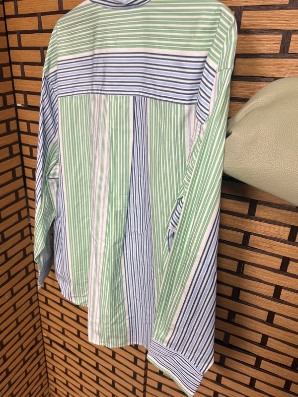 Free Assembly Blue And green Stripe Button Down Shirt Size Large And Green Purse - Image 2