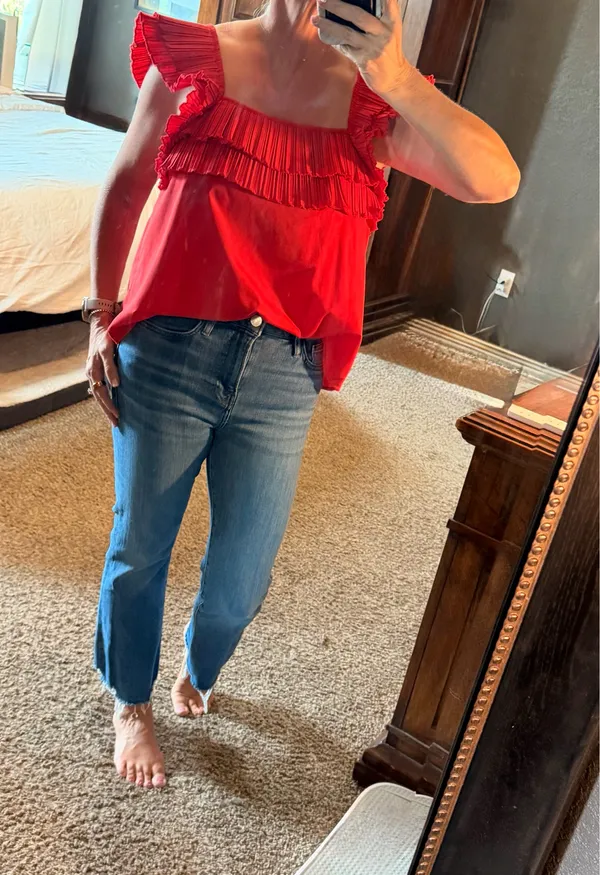 Entro Red Pleated Ruffle Off Shoulder Top Size L Cottagecore Boho - Image 2
