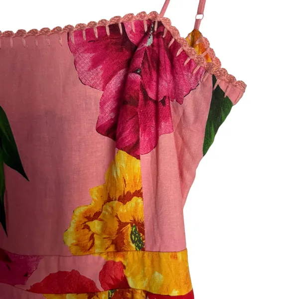 Farm Rio Chita Pink Floral Print Square Neck Tie Back Linen Midi Dress Size XS - Image 8