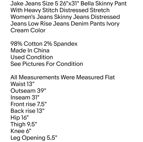Jake Jeans Size 5 26"x31" Bella Skinny Pant With Heavy Stitch Distressed Stretch - Image 2