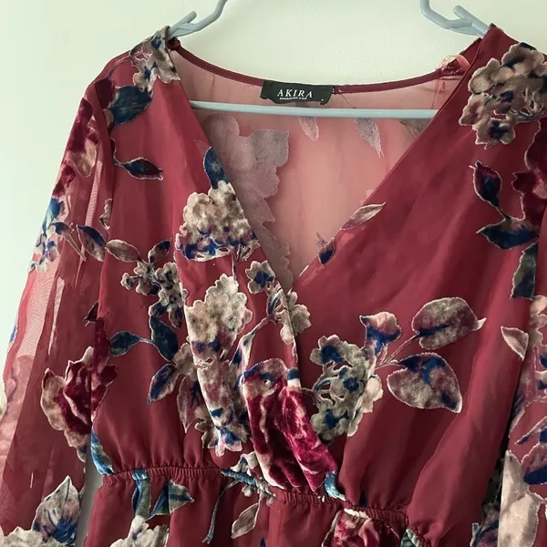 Akira Maroon Floral Long Flare‎ Sleeve Romper - Image 3