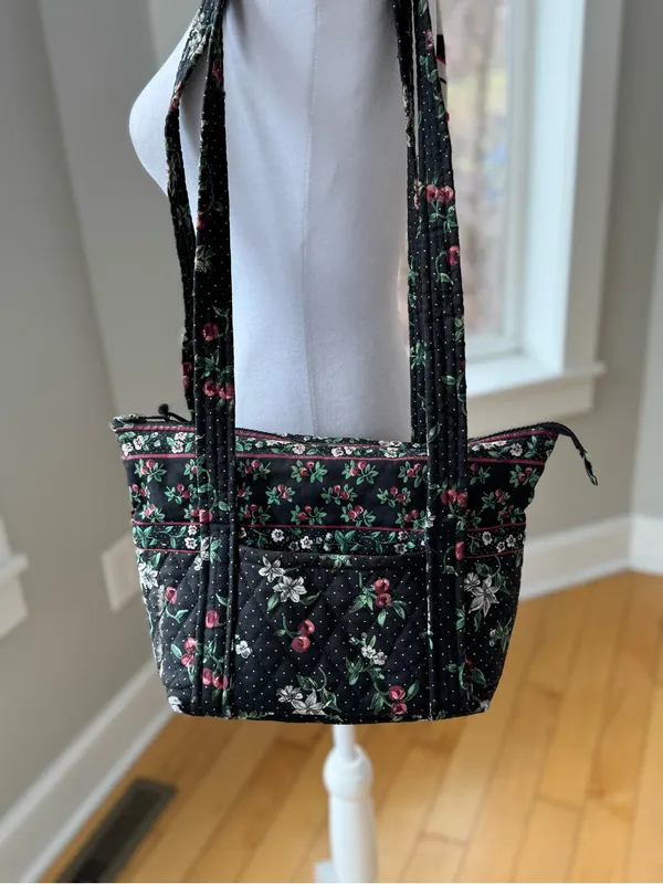 Vintage Handmade Quilted Sewing Bag Black Cherry Print - Image 9