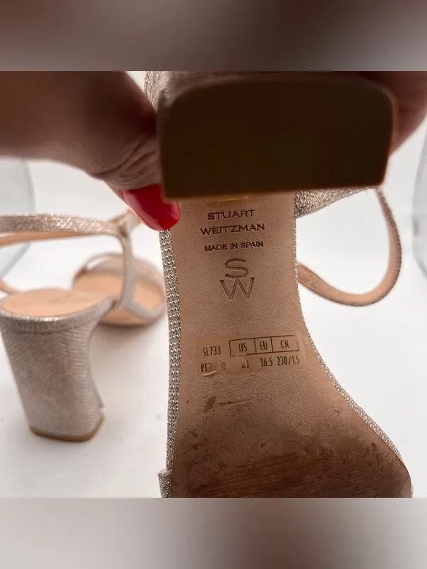 Stuart Weitzman Glitter Champagne AnkleStrap Block heel Babette 85 Shimmering 6B - Image 9
