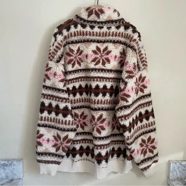 Aerie Sherpa Half Zip Pullover Snowflake Print Teddy Fleece Size M Pink Brown - Image 2