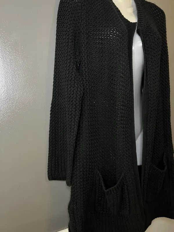 Lucky Brand Cardigan Sweater Womens Medium Black Open Knit Long Duster Pockets - Image 3