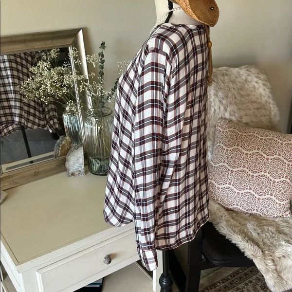 Ann Taylor loft white navy maroon plaid long sleeve boxy sheer blouse top M​​ - Image 5