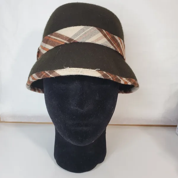 COLOMBINO Wool Plaid Belted Bucket Hat Brown - Image 2
