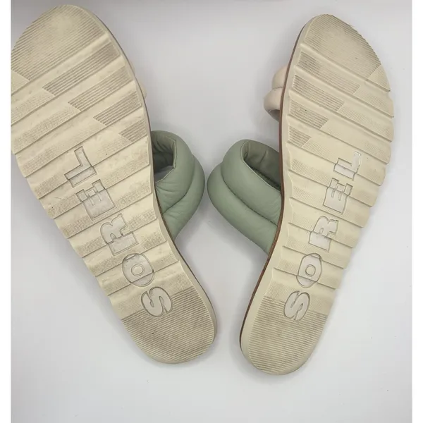 Sorel Roaming Puffy Slide Sandals Sage Green Cream Leather Flat Slip‎ On Women - Image 4