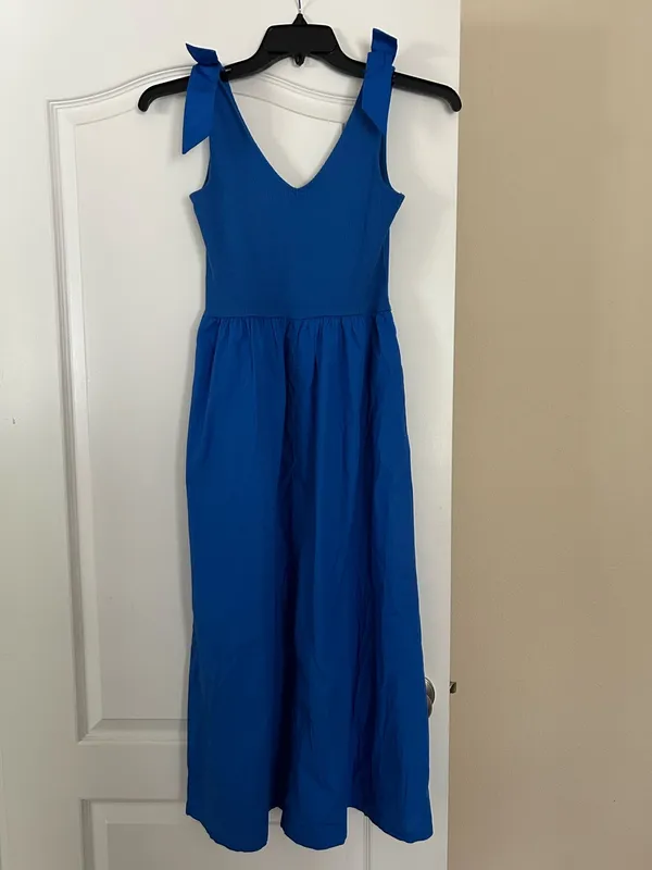 J Crew Sleeveless V-Neck Ribbed Knit Tank Bodice Midi Dress Bow Straps - Image 4