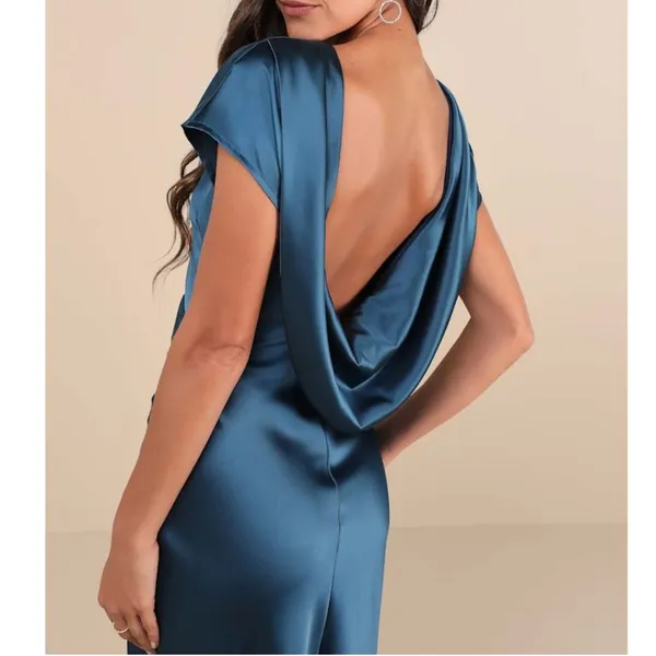 NEW Lulus Captivating Presence Dark Teal Satin Open Cowl Back Maxi Dress Large - Image 5