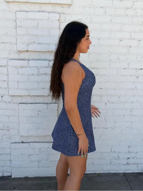 NWOT Abercrombie YPB Sculpt Lux Mini tennis workout Dress Sz L Navy blue with white polka dots #y2k - Image 3