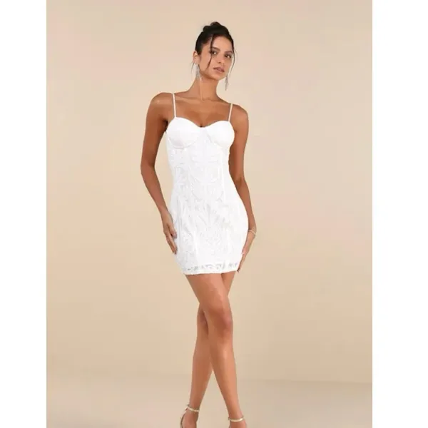 Lulus Aglow with Love Ivory Mesh Sequin Bustier Bodycon Mini Dress size Small - Image 3